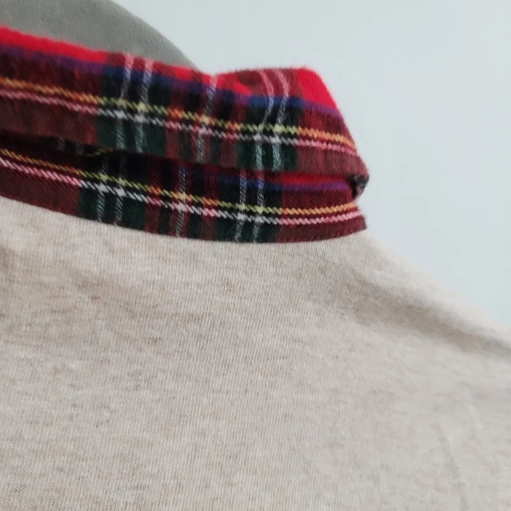 Crewcuts 10/11 Oatmeal Long Sleeve Polo Shirt Red Plaid Collar Christmas Holiday